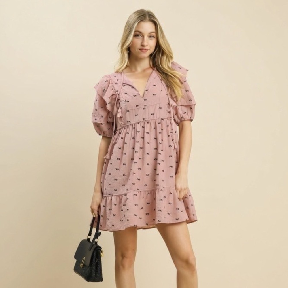 Umgee Pink Bow Print Ruffle Babydoll Mini Dress Linen Blend Medium Cottagecore